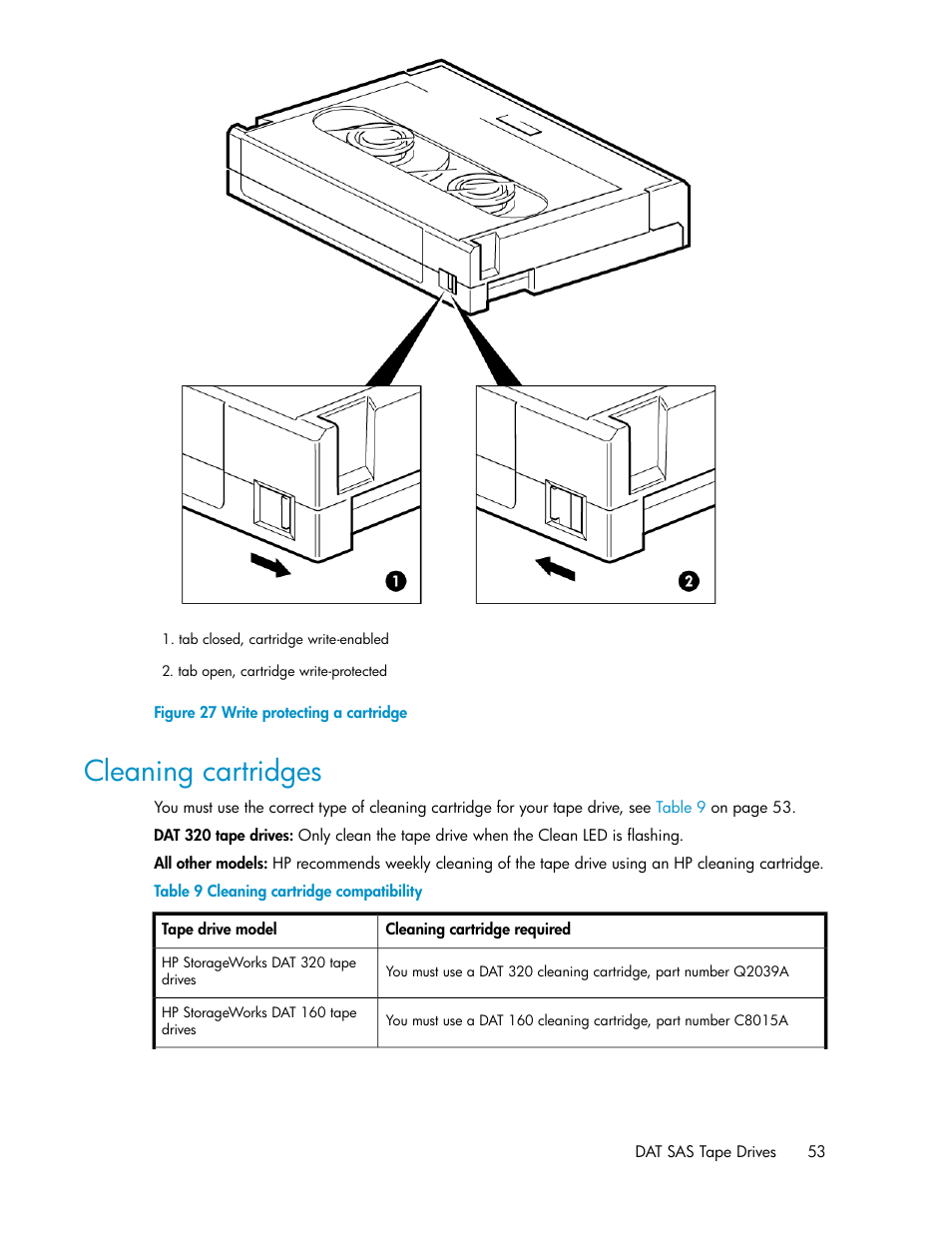 Cleaning cartridges, Write protecting a cartridge, Cleaning cartridge compatibility | Cleaning, Cartridges | HP StoreEver DAT Tape Drives User Manual | Page 53 / 84
