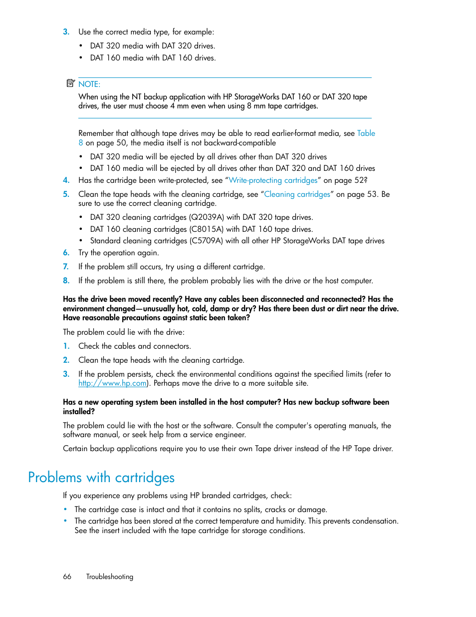 Problems with cartridges | HP StoreEver DAT Tape Drives User Manual | Page 66 / 84