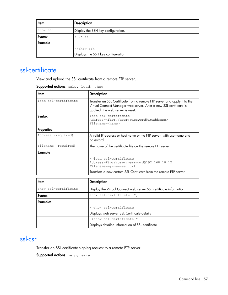 Ssl-certificate, Ssl-csr | HP Virtual Connect 1.10Gb-F Ethernet Module for c-Class BladeSystem User Manual | Page 57 / 90