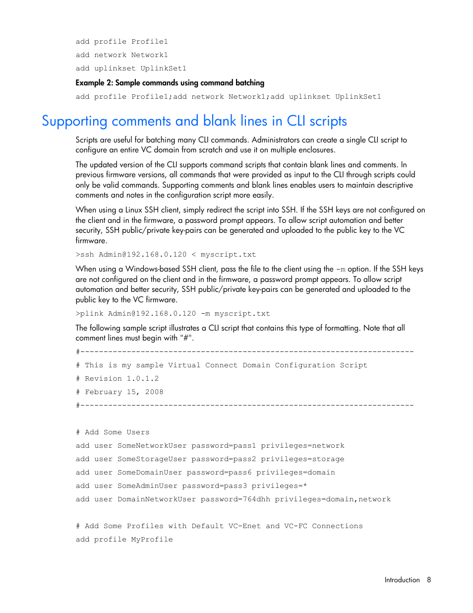 Supporting comments and blank lines in cli scripts | HP Virtual Connect 1.10Gb-F Ethernet Module for c-Class BladeSystem User Manual | Page 8 / 90