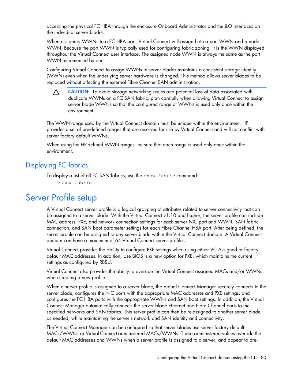 Displaying fc fabrics, Server profile setup | HP Virtual Connect 1.10Gb-F Ethernet Module for c-Class BladeSystem User Manual | Page 80 / 90