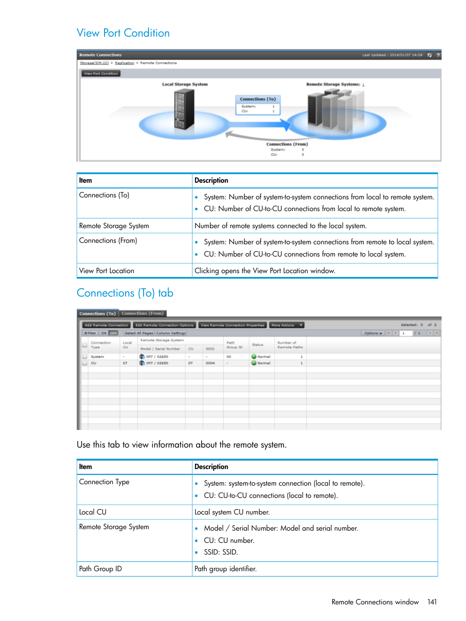 View port condition, Connections (to) tab | HP XP7 Storage User Manual | Page 141 / 195