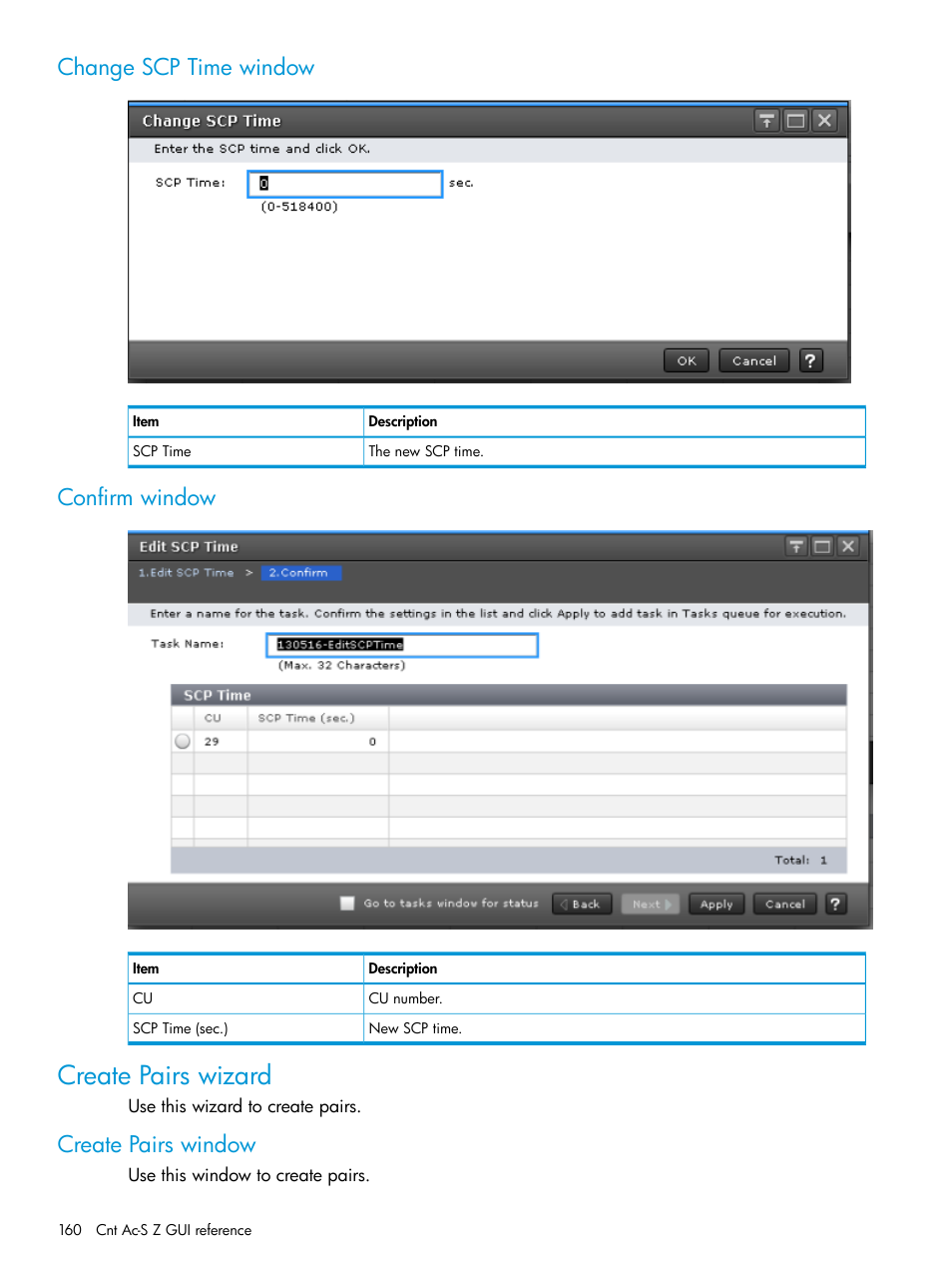 Change scp time window, Confirm window, Create pairs wizard | Create pairs window, Change scp time window confirm window | HP XP7 Storage User Manual | Page 160 / 195