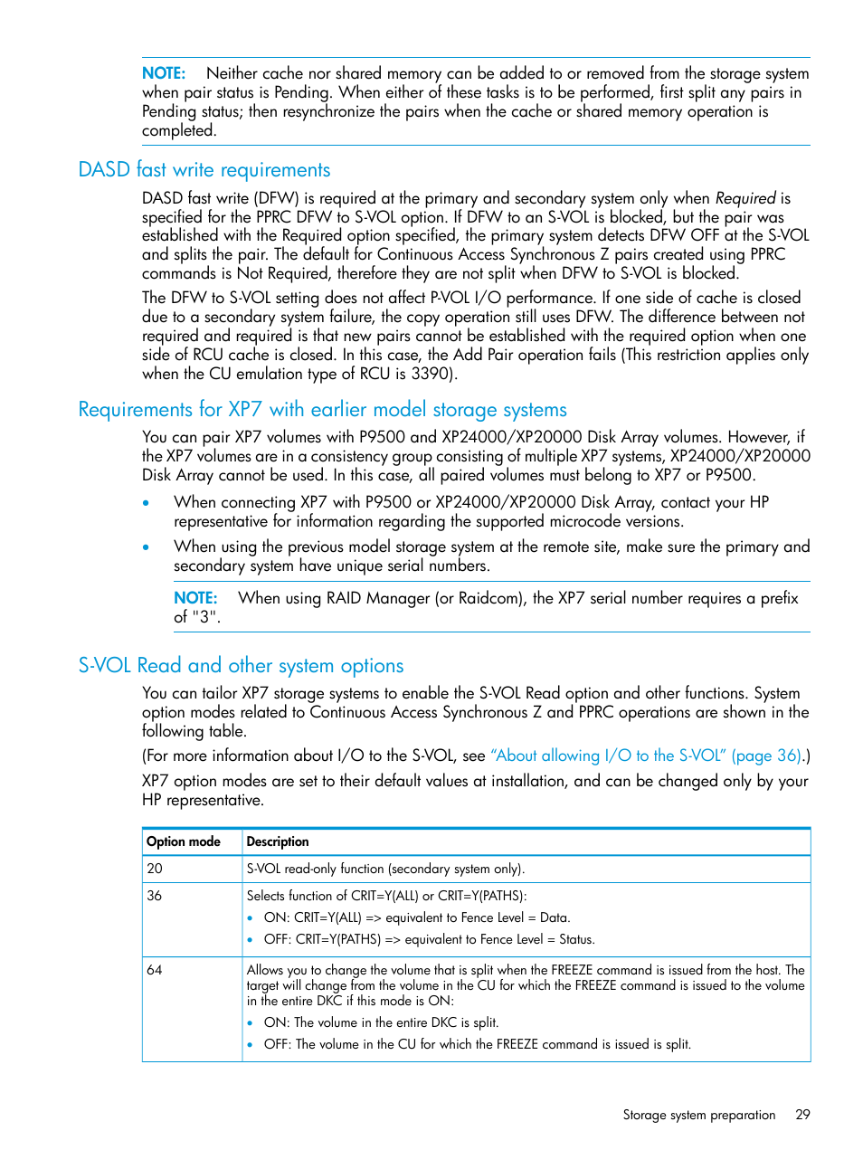 Dasd fast write requirements, S-vol read and other system options, Dasd fast | S-vol read and other system | HP XP7 Storage User Manual | Page 29 / 195