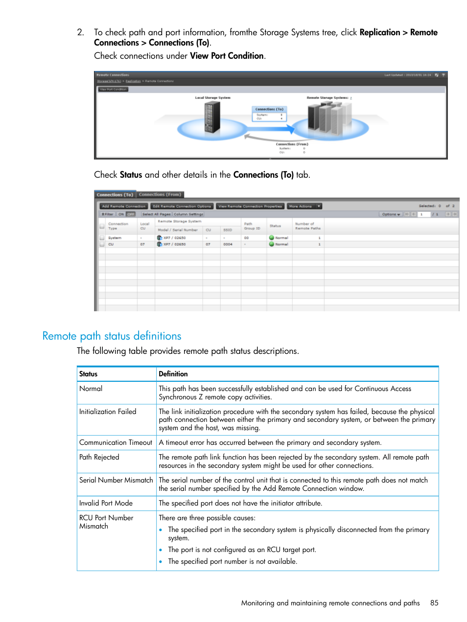 Remote path status definitions | HP XP7 Storage User Manual | Page 85 / 195