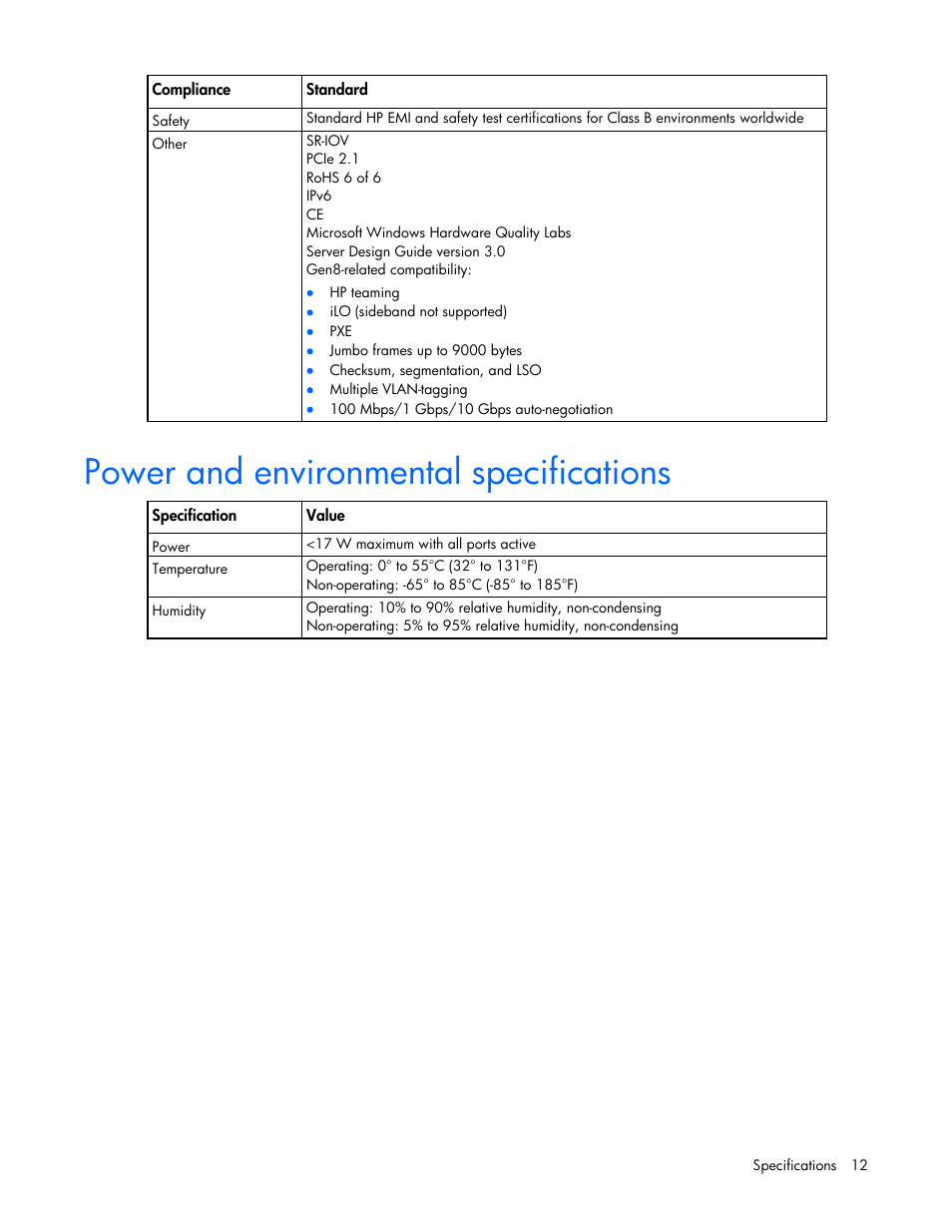 Power and environmental specifications | HP Ethernet 10Gb 2-port 561T Adapter User Manual | Page 12 / 18
