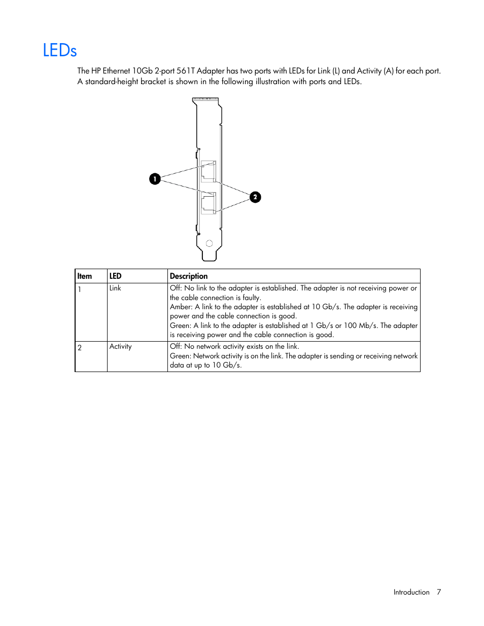 Leds | HP Ethernet 10Gb 2-port 561T Adapter User Manual | Page 7 / 18