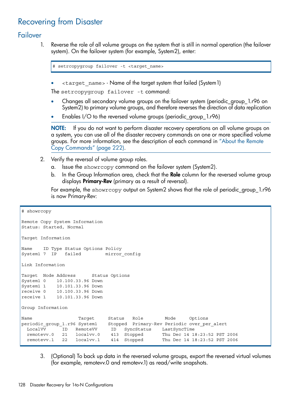 Recovering from disaster, Failover | HP 3PAR Operating System Software User Manual | Page 128 / 292