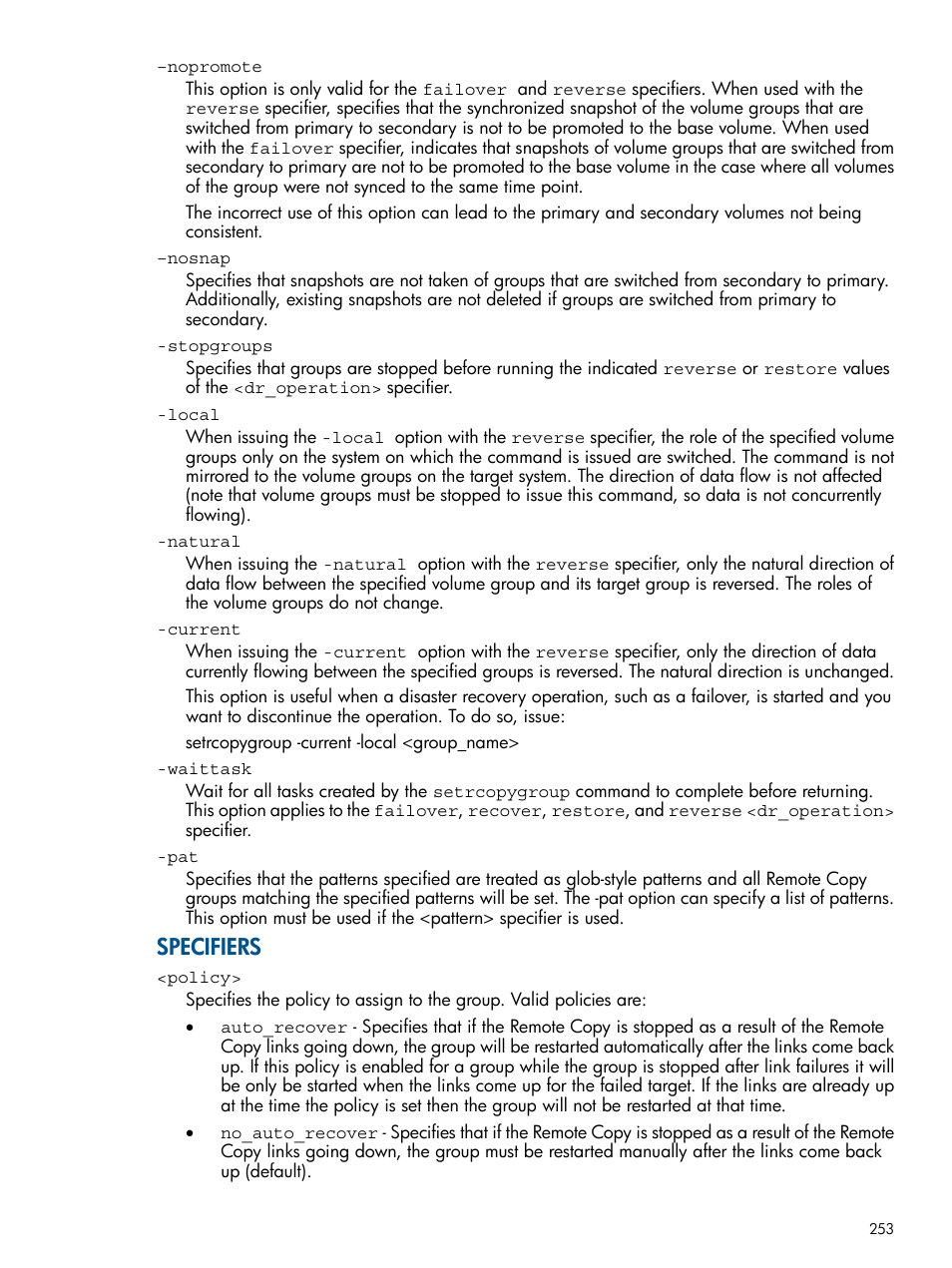 Specifiers | HP 3PAR Operating System Software User Manual | Page 253 / 292