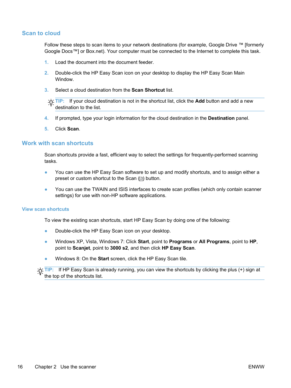 Scan to cloud, Work with scan shortcuts, View scan shortcuts | Scan to cloud work with scan shortcuts | HP Scanjet Pro 3000 s2 Sheet-feed Scanner User Manual | Page 22 / 60