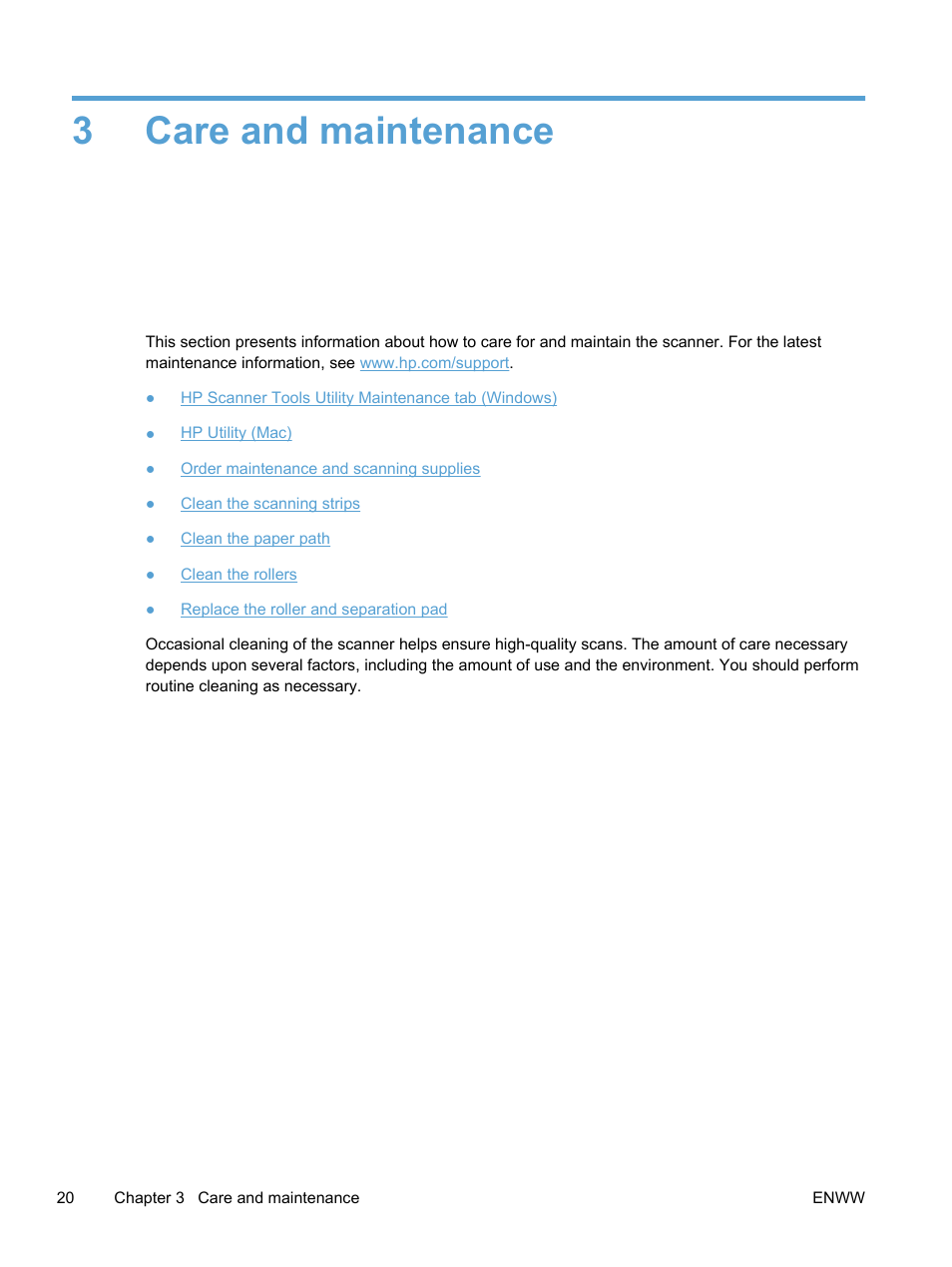 Care and maintenance, 3 care and maintenance, 3care and maintenance | HP Scanjet Pro 3000 s2 Sheet-feed Scanner User Manual | Page 26 / 60