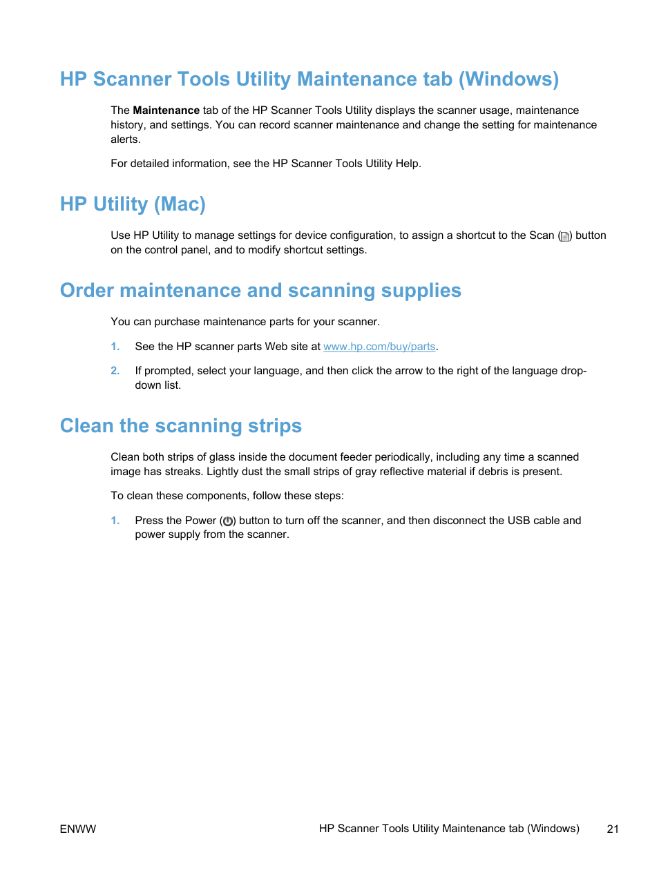 Hp scanner tools utility maintenance tab (windows), Hp utility (mac), Order maintenance and scanning supplies | Clean the scanning strips | HP Scanjet Pro 3000 s2 Sheet-feed Scanner User Manual | Page 27 / 60