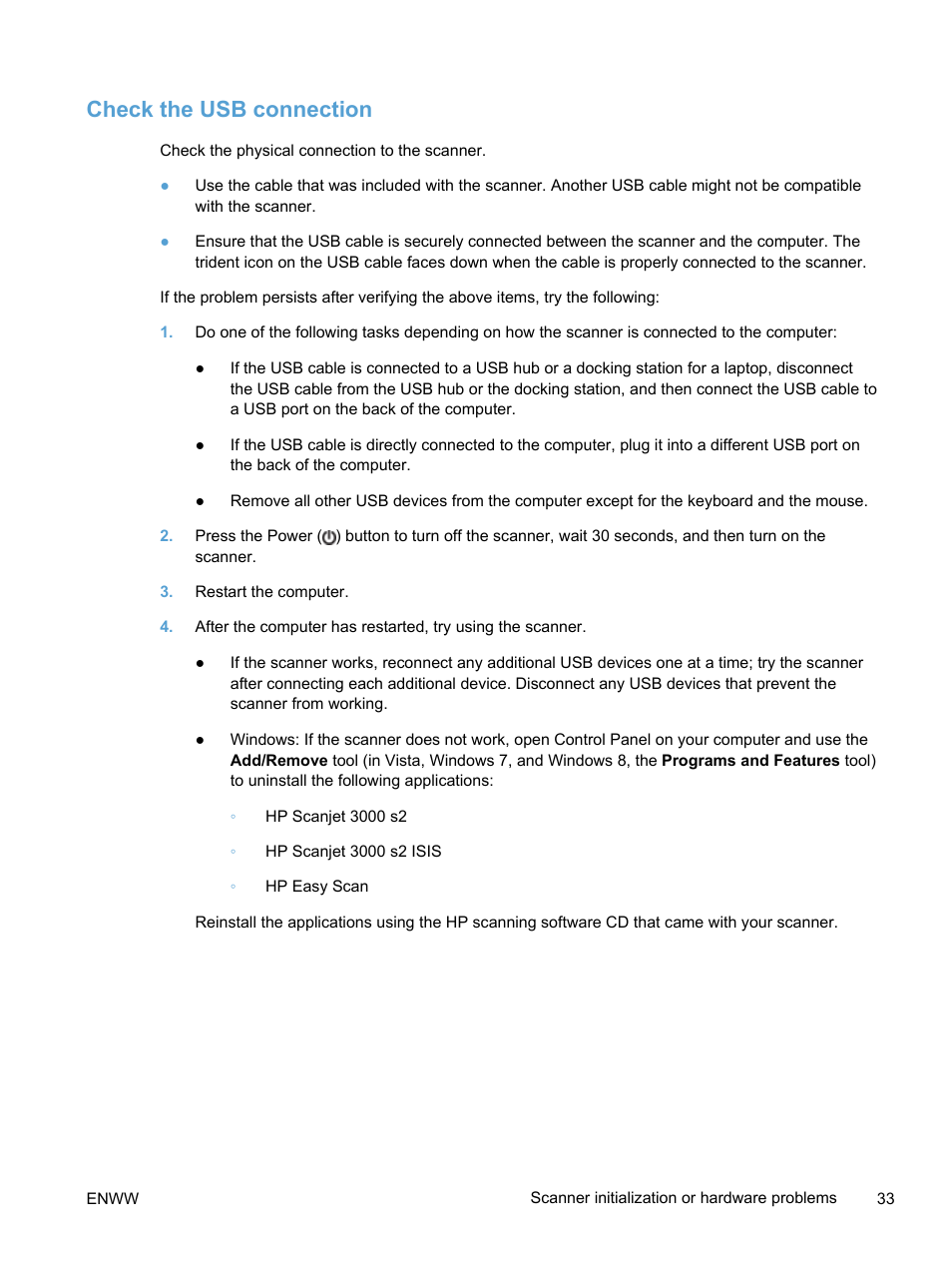 Check the usb connection | HP Scanjet Pro 3000 s2 Sheet-feed Scanner User Manual | Page 39 / 60