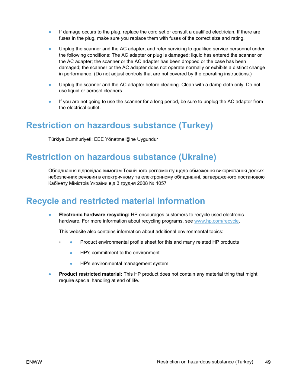 Restriction on hazardous substance (turkey), Restriction on hazardous substance (ukraine), Recycle and restricted material information | HP Scanjet Pro 3000 s2 Sheet-feed Scanner User Manual | Page 55 / 60