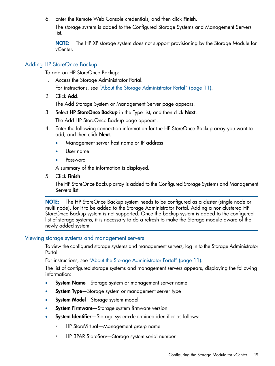 Adding hp storeonce backup, Viewing storage systems and management servers | HP OneView for VMware vCenter User Manual | Page 19 / 113