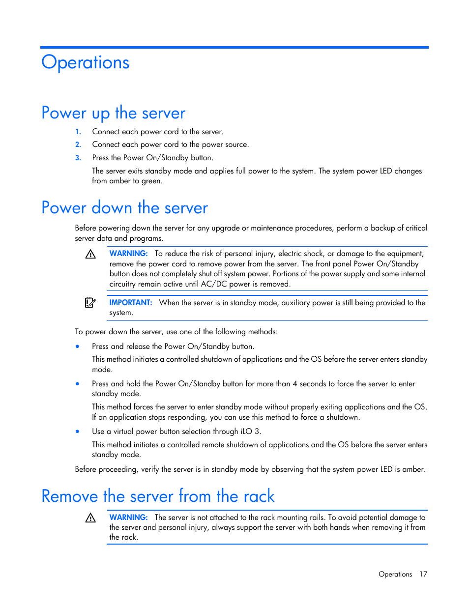 Operations, Power up the server, Power down the server | Remove the server from the rack | HP ProLiant DL120 G7 Server User Manual | Page 17 / 105
