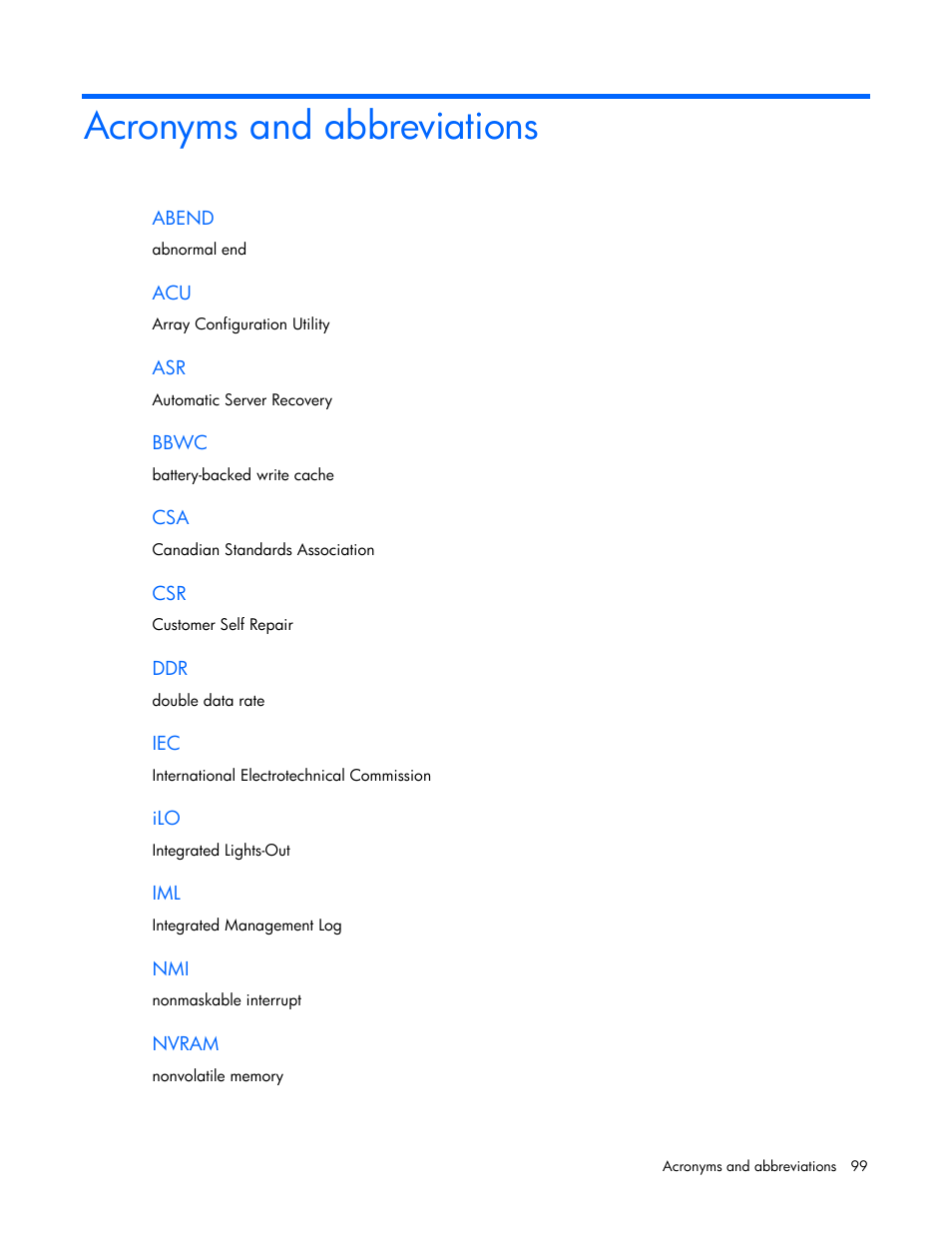 Acronyms and abbreviations | HP ProLiant DL120 G7 Server User Manual | Page 99 / 105