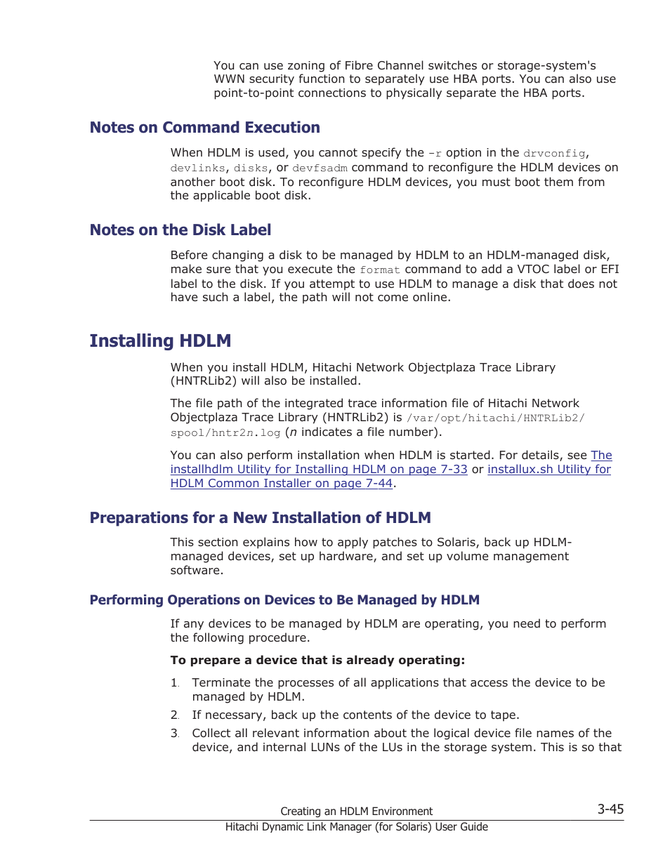 Notes on command execution, Notes on the disk label, Installing hdlm | Preparations for a new installation of hdlm, Notes on command execution -45, Notes on the disk label -45, Installing hdlm -45, Preparations for a new installation of hdlm -45, Preparations | HP Hitachi Dynamic Link Manager Software Licenses User Manual | Page 111 / 646
