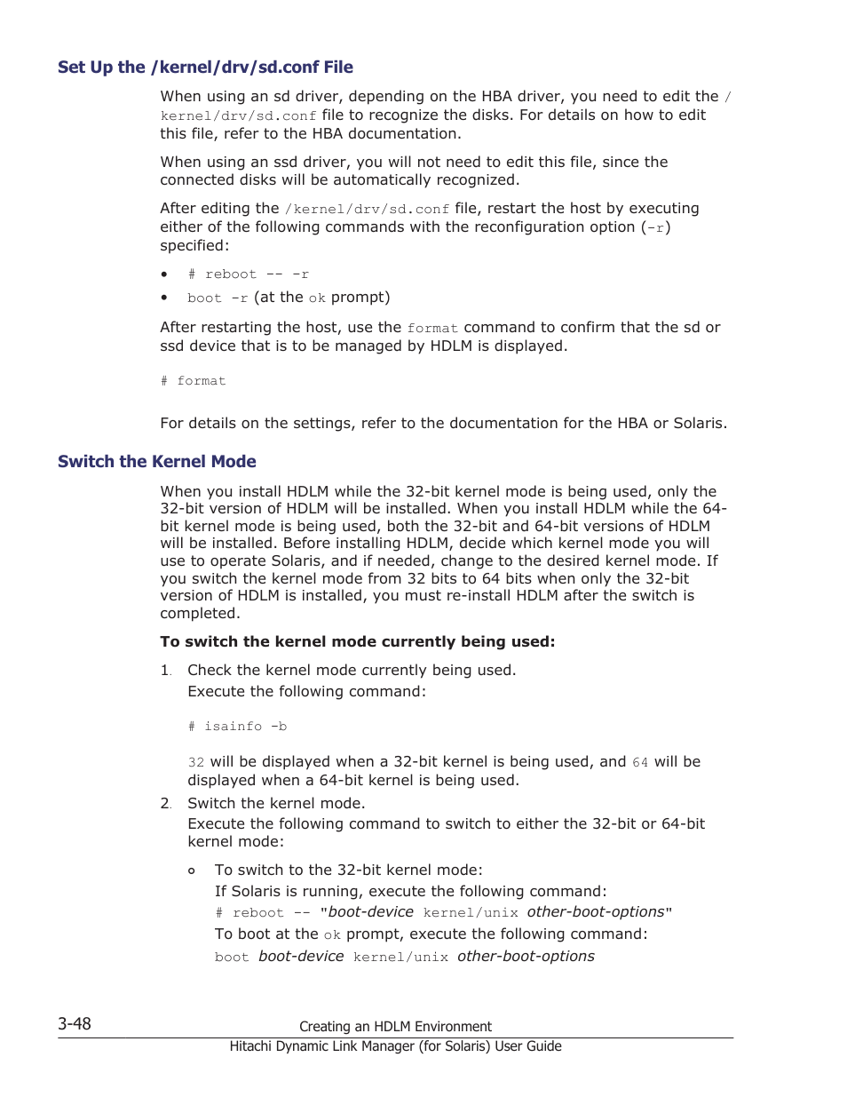 Set up the /kernel/drv/sd.conf file -48, Switch the kernel mode -48, Kernel mode, see | HP Hitachi Dynamic Link Manager Software Licenses User Manual | Page 114 / 646