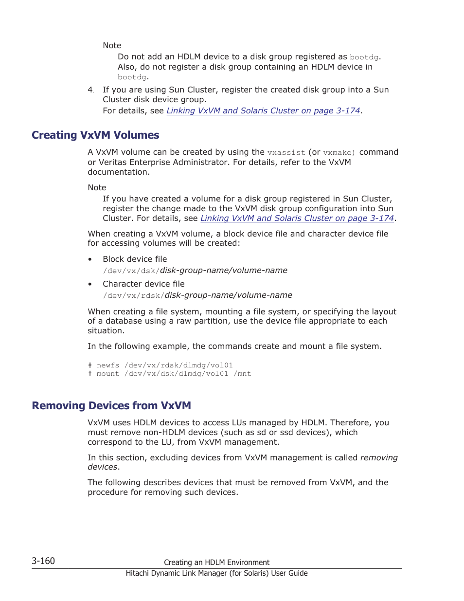 Creating vxvm volumes, Removing devices from vxvm, Creating vxvm volumes -160 | Removing devices from vxvm -160, Removing devices from, Removing devices from vxvm on | HP Hitachi Dynamic Link Manager Software Licenses User Manual | Page 226 / 646