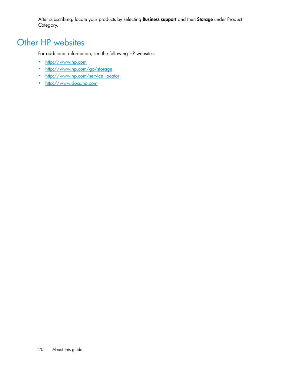 Other hp websites, Other hp web sites | HP 3000 Enterprise Virtual Array User Manual | Page 20 / 236