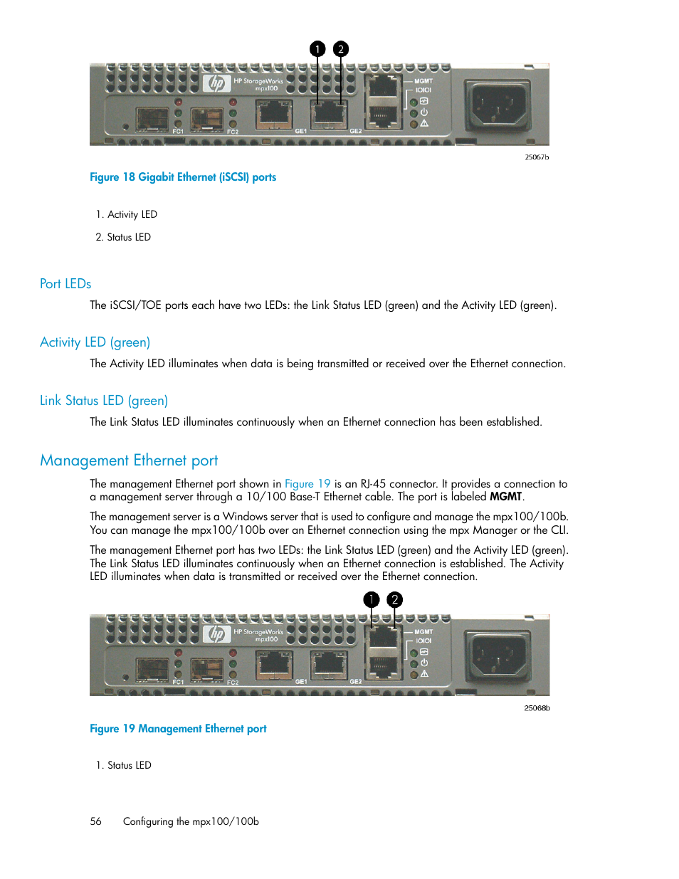 Port leds, Activity led (green), Link status led (green) | Management ethernet port, 56 activity led (green), 56 link status led (green), Gigabit ethernet (iscsi) ports | HP 3000 Enterprise Virtual Array User Manual | Page 56 / 236