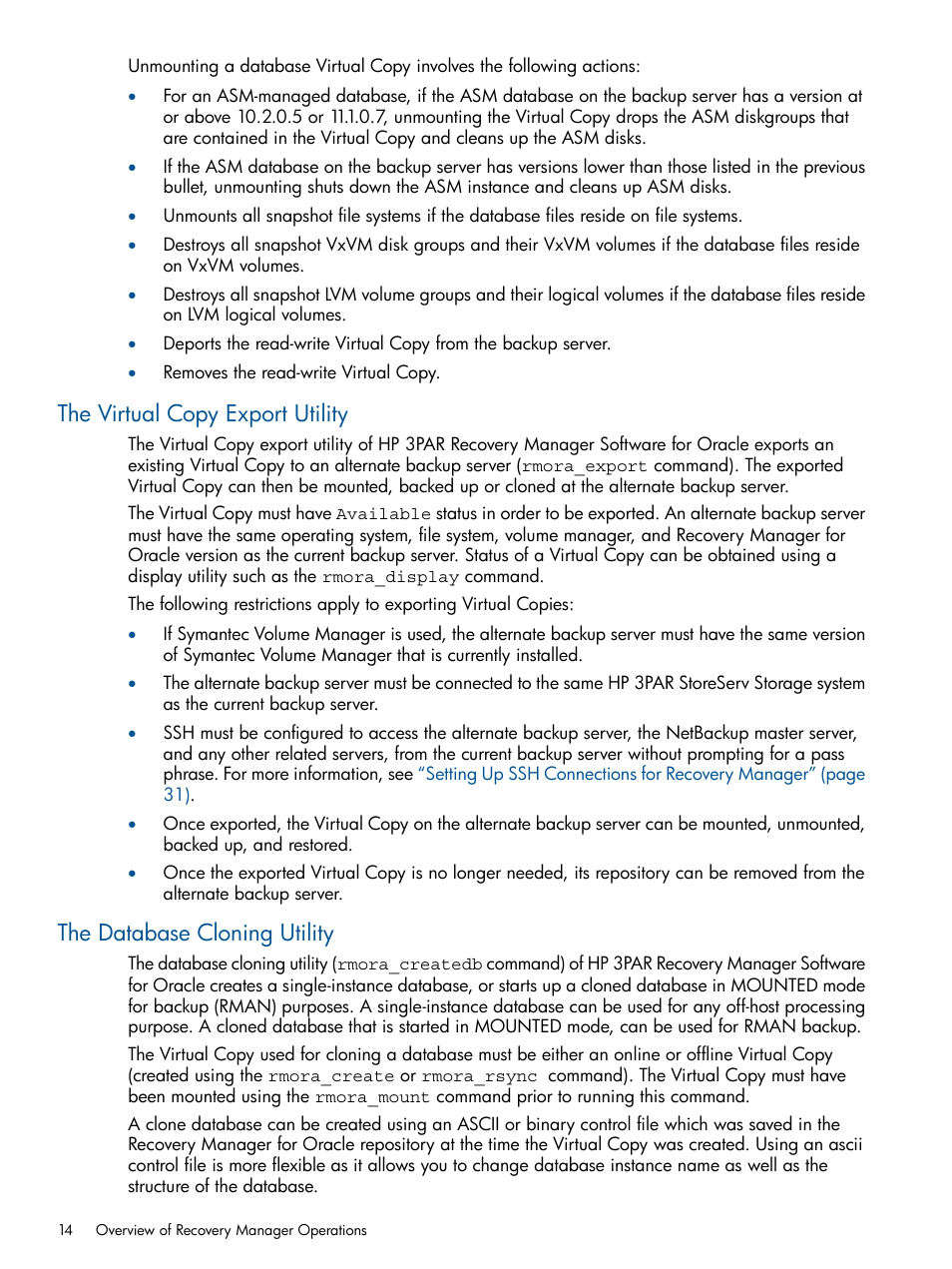 The virtual copy export utility, The database cloning utility | HP 3PAR Application Software Suite for Oracle Licenses User Manual | Page 14 / 199