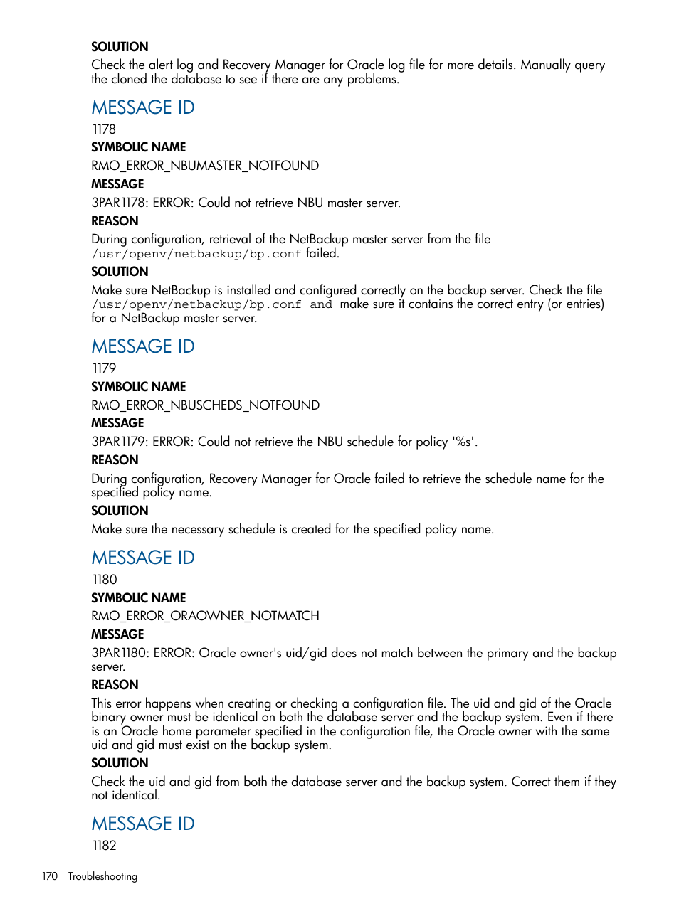 Message id | HP 3PAR Application Software Suite for Oracle Licenses User Manual | Page 170 / 199