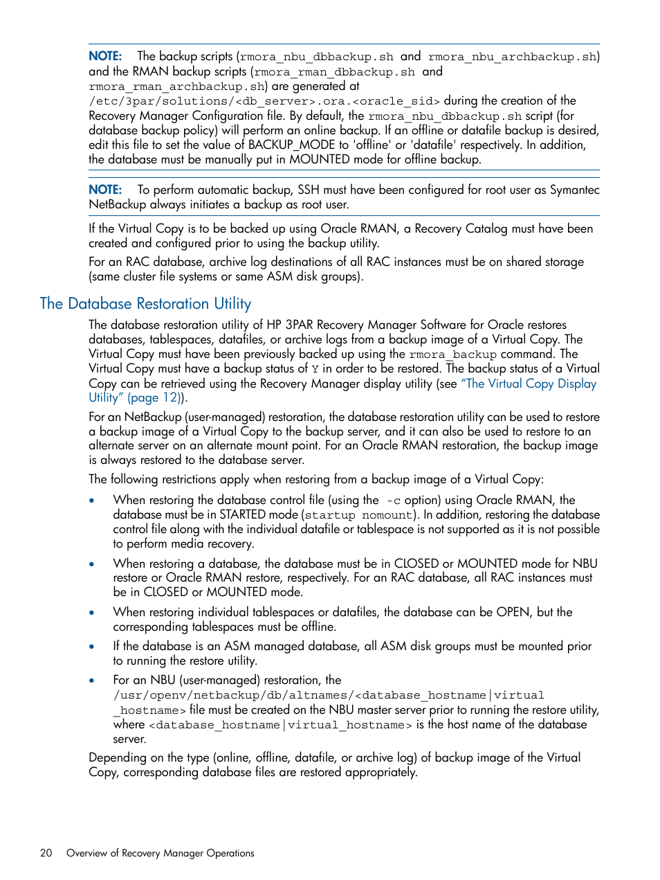 The database restoration utility | HP 3PAR Application Software Suite for Oracle Licenses User Manual | Page 20 / 199