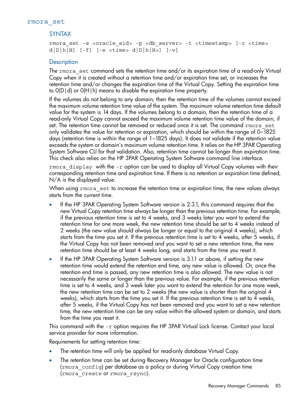 Rmora_set | HP 3PAR Application Software Suite for Oracle Licenses User Manual | Page 85 / 199