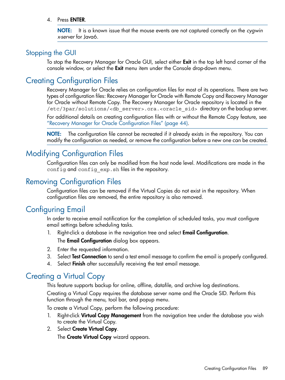 Stopping the gui, Creating configuration files, Modifying configuration files | Removing configuration files, Configuring email, Creating a virtual copy | HP 3PAR Application Software Suite for Oracle Licenses User Manual | Page 89 / 199