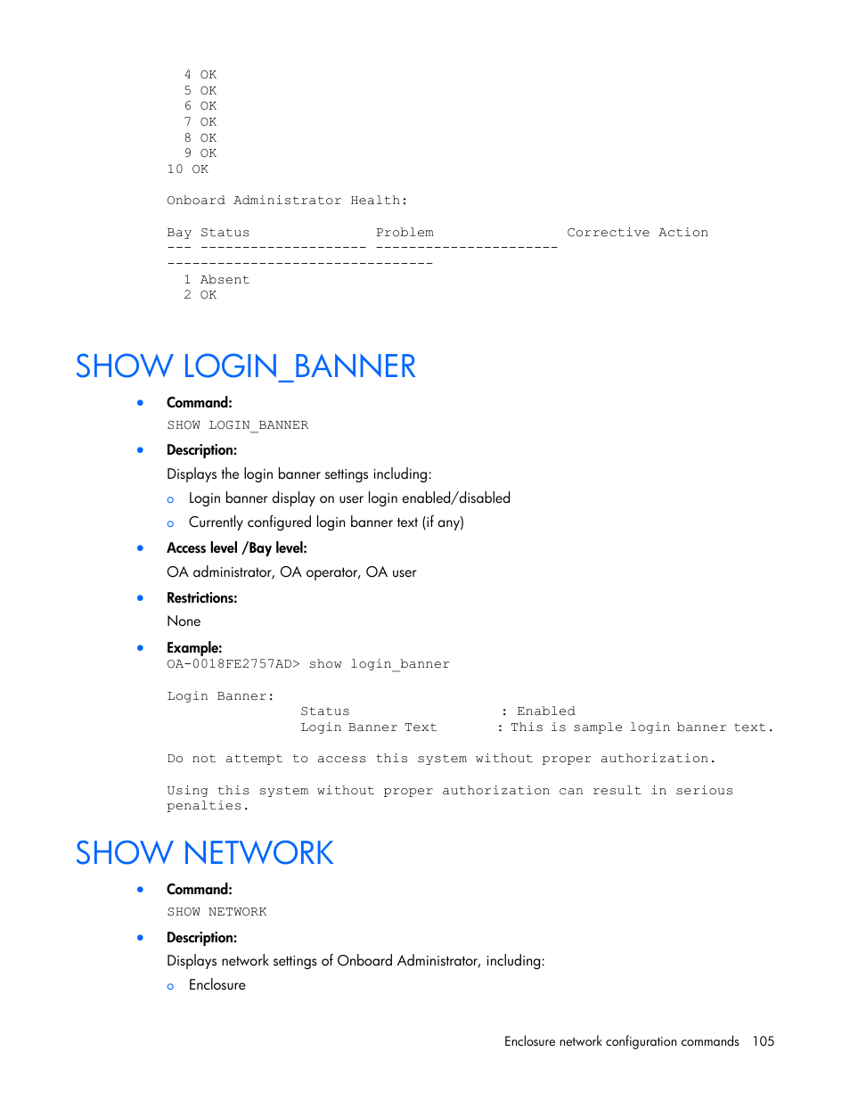 Show login_banner, Show network | HP Onboard Administrator User Manual | Page 105 / 226