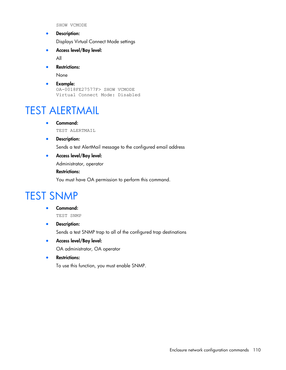 Test alertmail, Test snmp | HP Onboard Administrator User Manual | Page 110 / 226