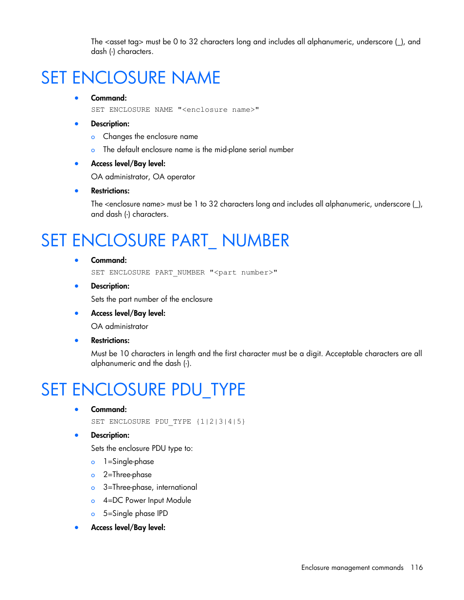 Set enclosure name, Set enclosure part_ number, Set enclosure pdu_type | HP Onboard Administrator User Manual | Page 116 / 226