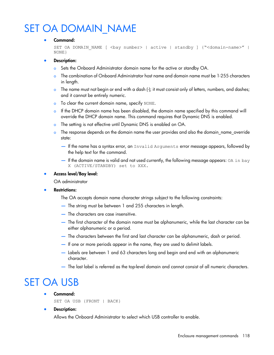 Set oa domain_name, Set oa usb | HP Onboard Administrator User Manual | Page 118 / 226