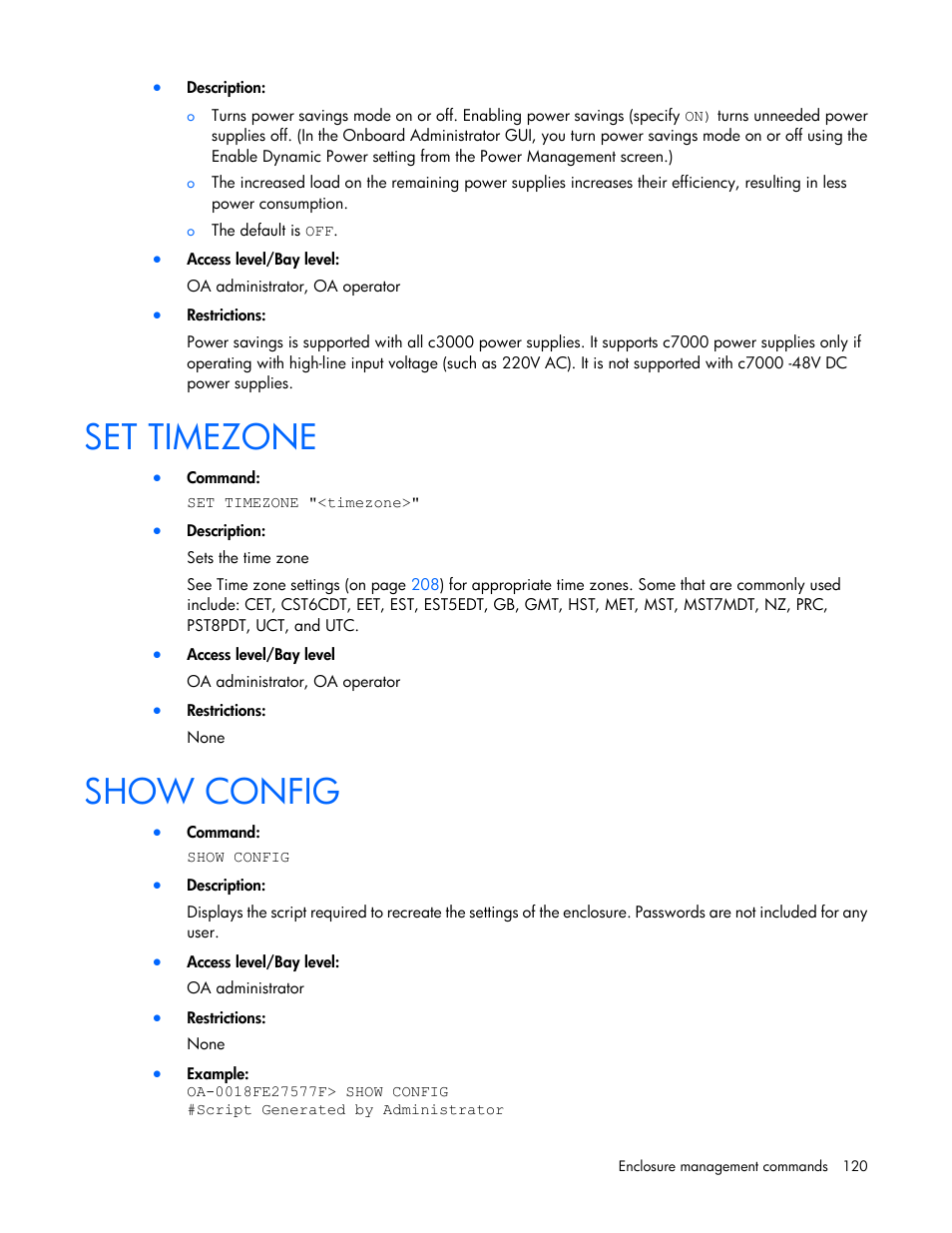 Set timezone, Show config | HP Onboard Administrator User Manual | Page 120 / 226