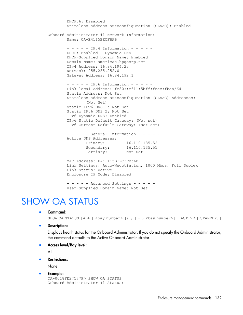 Show oa status | HP Onboard Administrator User Manual | Page 132 / 226