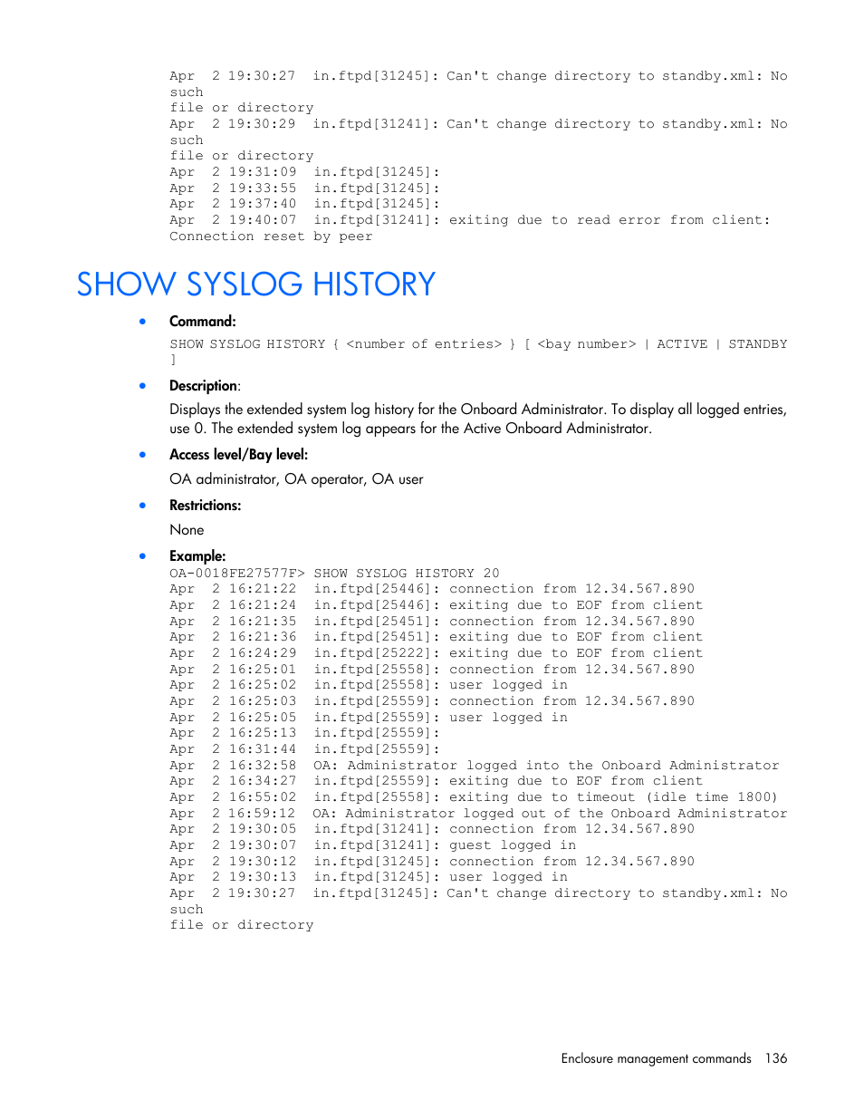 Show syslog history | HP Onboard Administrator User Manual | Page 136 / 226