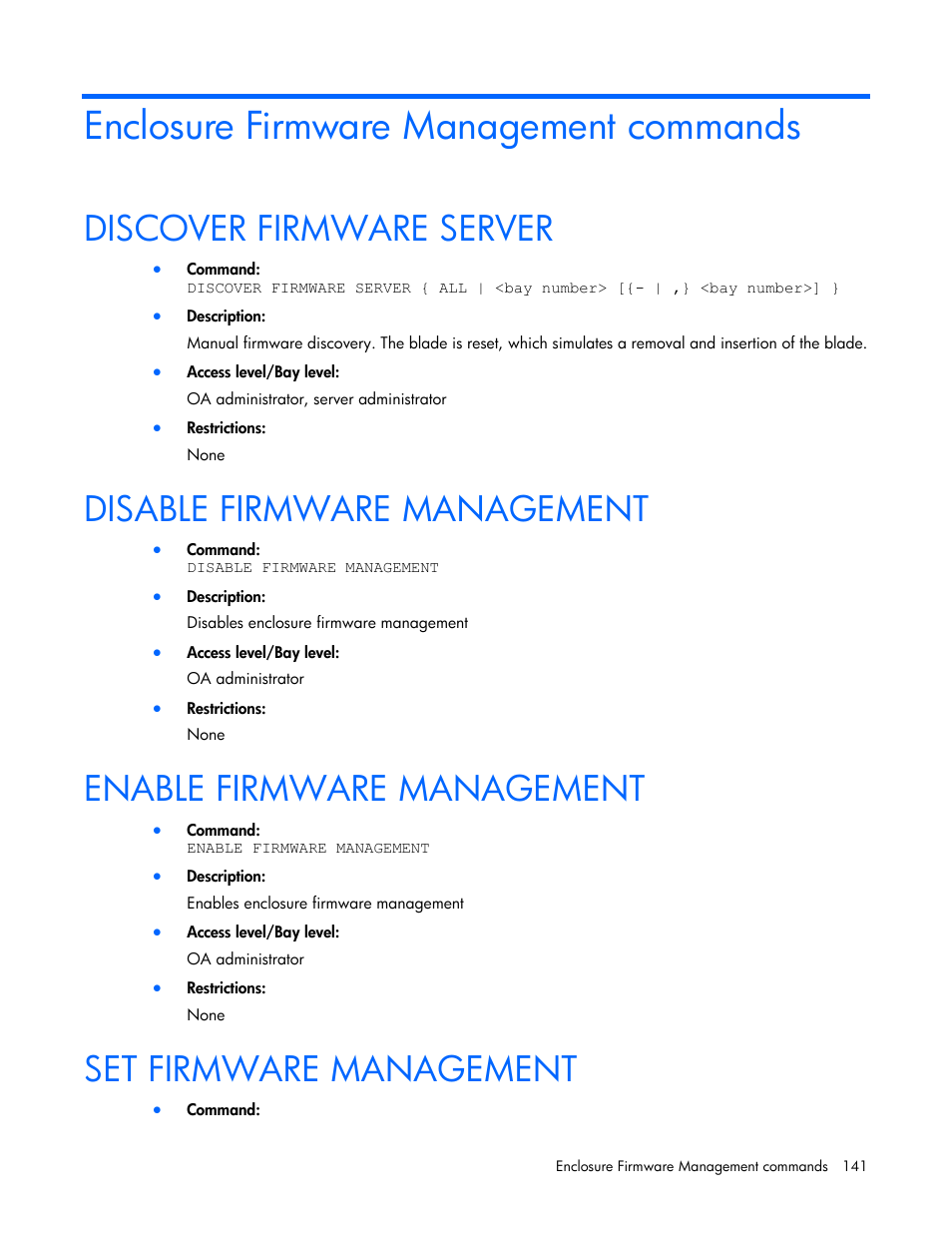 Enclosure firmware management commands, Discover firmware server, Disable firmware management | Enable firmware management, Set firmware management | HP Onboard Administrator User Manual | Page 141 / 226