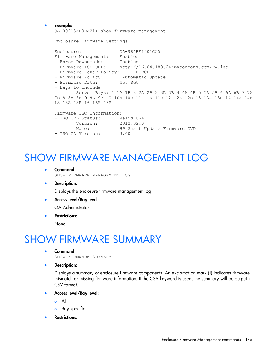 Show firmware management log, Show firmware summary | HP Onboard Administrator User Manual | Page 145 / 226