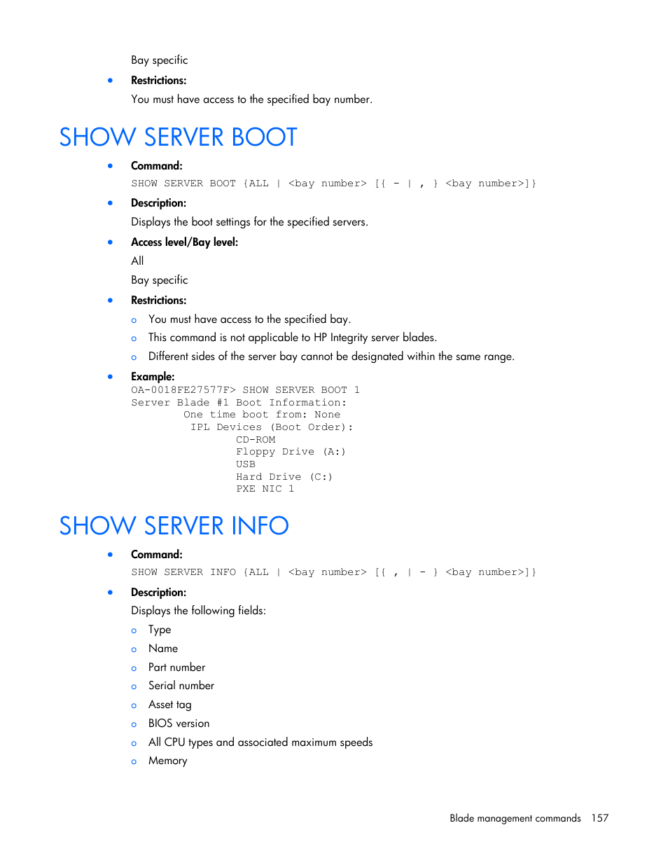 Show server boot, Show server info | HP Onboard Administrator User Manual | Page 157 / 226