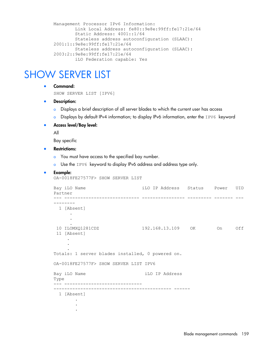 Show server list | HP Onboard Administrator User Manual | Page 159 / 226