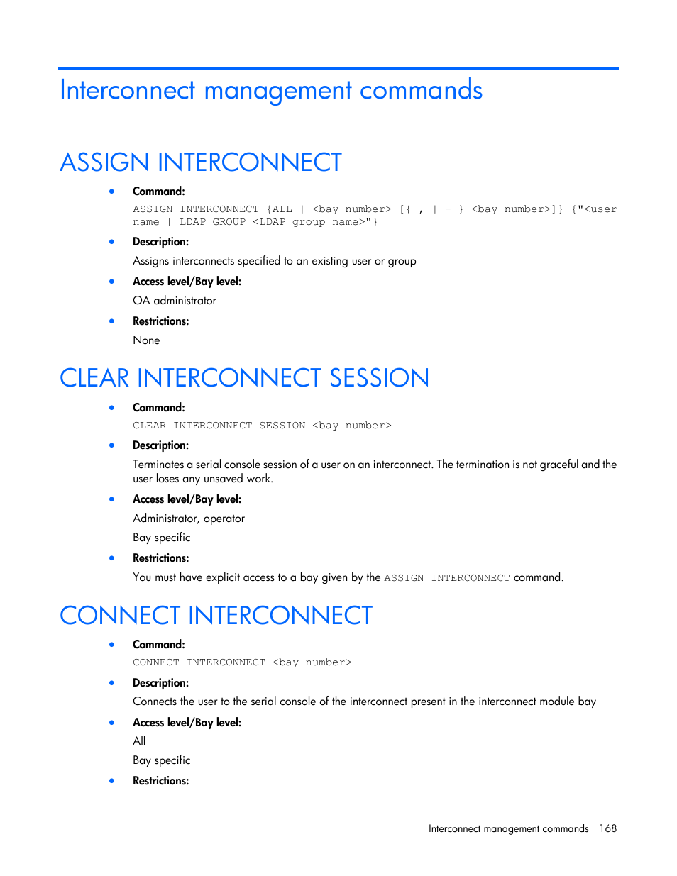 Interconnect management commands, Assign interconnect, Clear interconnect session | Connect interconnect | HP Onboard Administrator User Manual | Page 168 / 226
