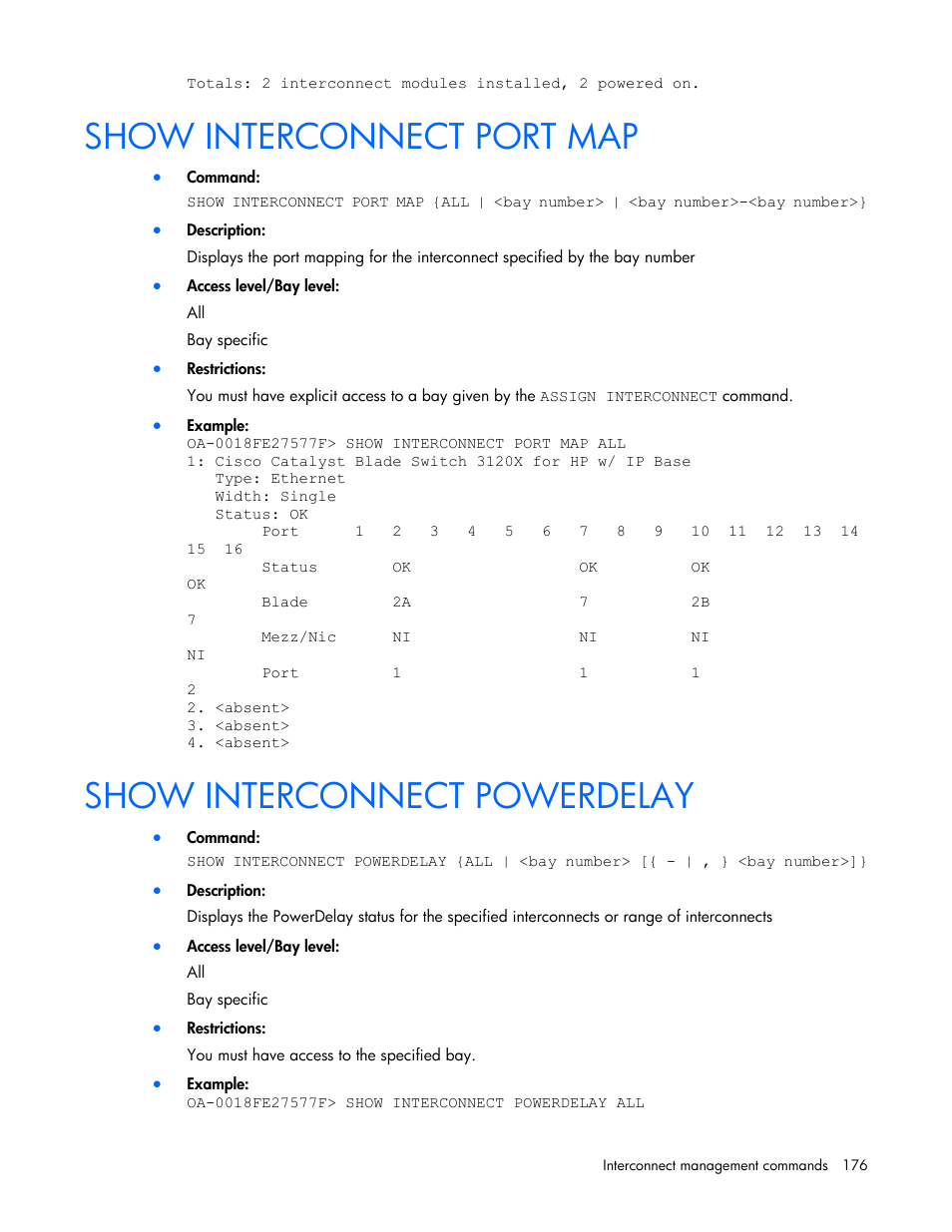 Show interconnect port map, Show interconnect powerdelay | HP Onboard Administrator User Manual | Page 176 / 226