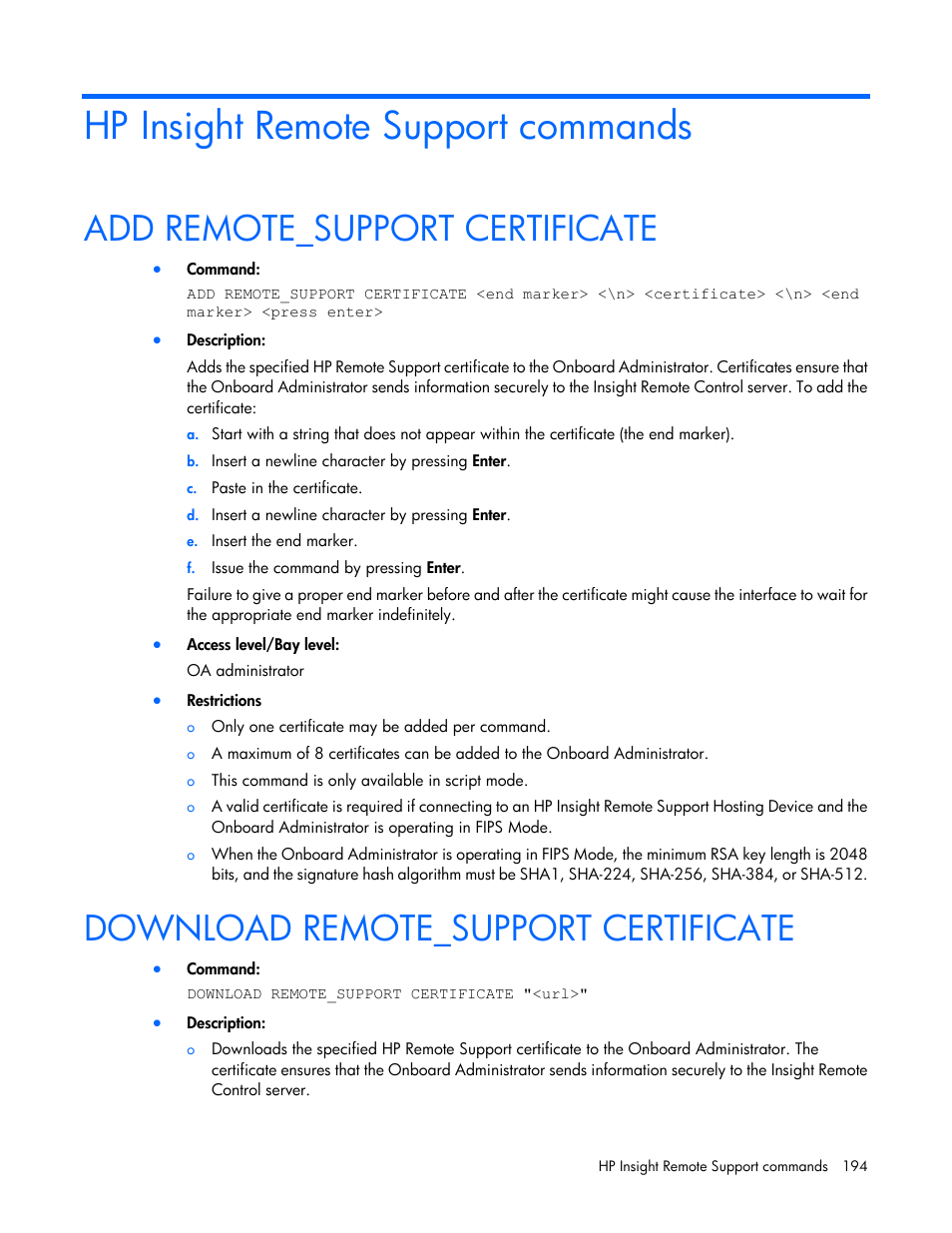 Hp insight remote support commands, Add remote_support certificate, Download remote_support certificate | HP Onboard Administrator User Manual | Page 194 / 226