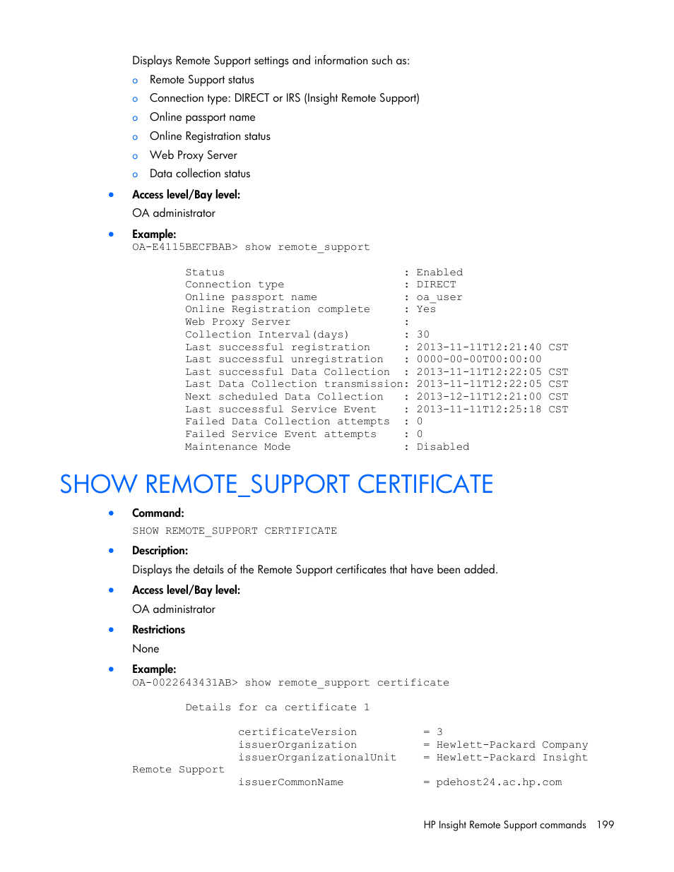 Show remote_support certificate | HP Onboard Administrator User Manual | Page 199 / 226