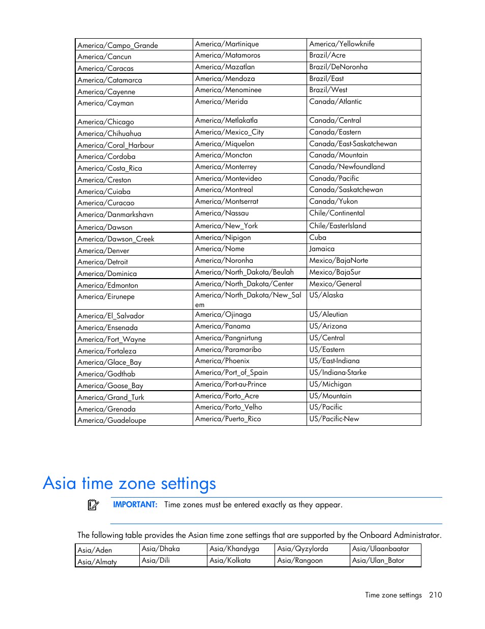 Asia time zone settings | HP Onboard Administrator User Manual | Page 210 / 226