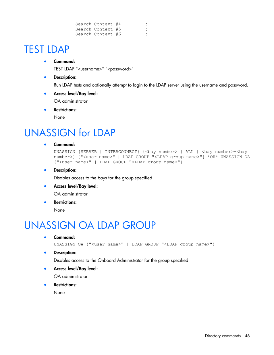 Test ldap, Unassign for ldap, Unassign oa ldap group | HP Onboard Administrator User Manual | Page 46 / 226