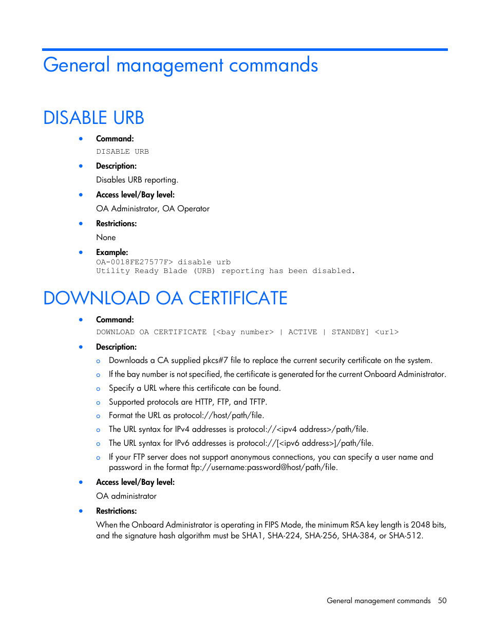General management commands, Disable urb, Download oa certificate | HP Onboard Administrator User Manual | Page 50 / 226