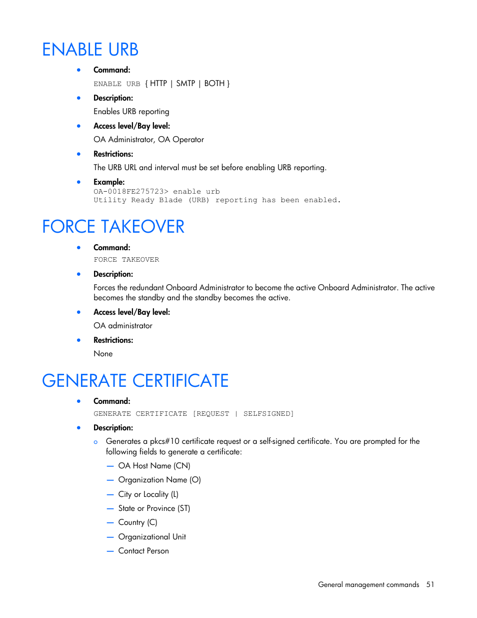Enable urb, Force takeover, Generate certificate | HP Onboard Administrator User Manual | Page 51 / 226